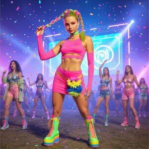 UV Reactive Neon Pink Bra Top & Skirt Set by Club Exx – Electric Pulse Edition M